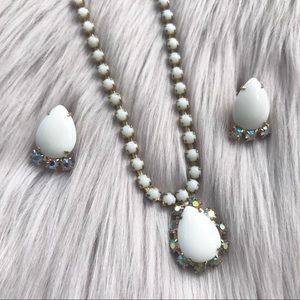 Vintage Milk Glass White AB Necklace Rhinestone Earring Set